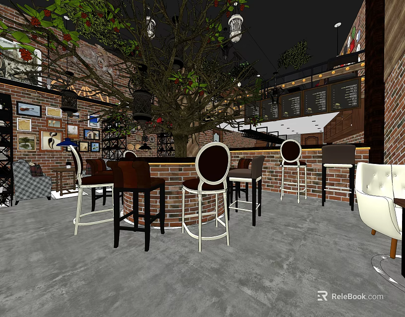Café Interior with Brick Walls Pendant Lights Tree Bar Area and High Chairs 3d model 
