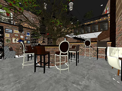 Café Interior with Brick Walls Pendant Lights Tree Bar Area and High Chairs 3d model