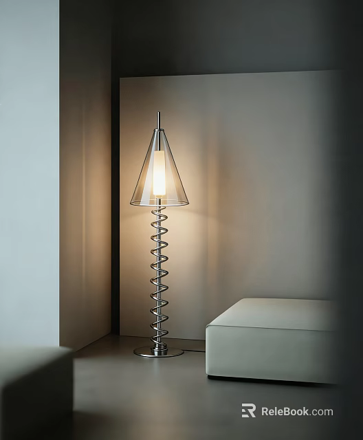 Modern Spiral Design Floor Lamp With Conical Transparent Shade Illuminated Near Light Wall 3d model 