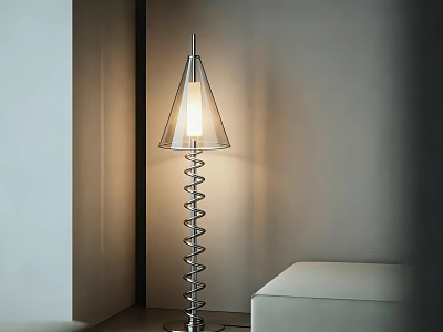 Modern Spiral Design Floor Lamp With Conical Transparent Shade Illuminated Near Light Wall 3d model