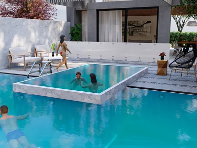 Modern courtyard pool deer head rest room tea room view 3d model