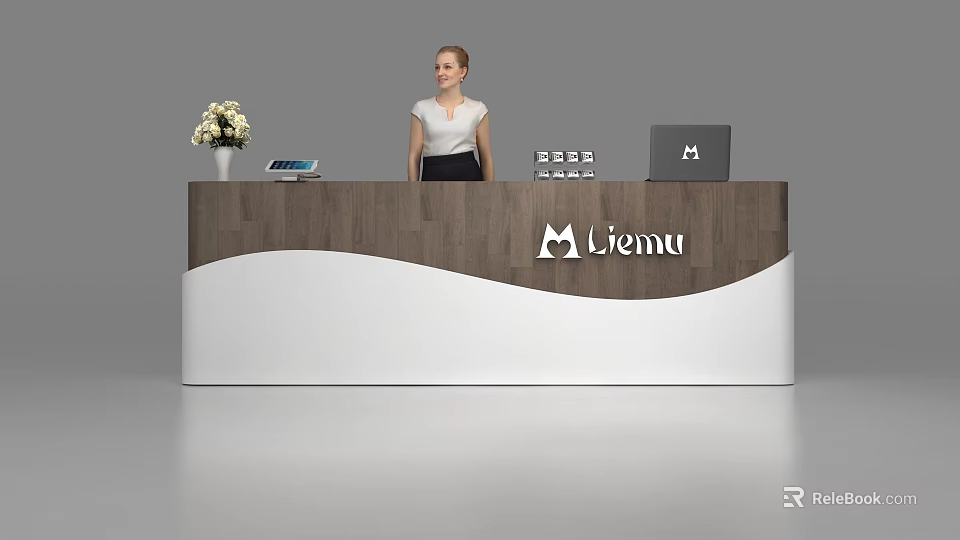 Modern Wooden And White Reception Desk With Liemu Logo Flower Vase Laptop And Receptionist 3d model 