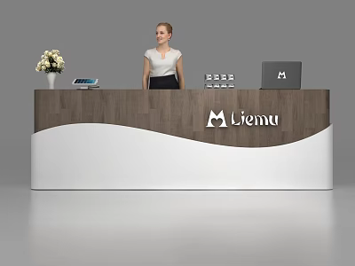 Modern Wooden And White Reception Desk With Liemu Logo Flower Vase Laptop And Receptionist 3d model