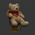 Cute Brown Teddy Bear Sitting on Wicker Chair with Red Scarf and Colorful Patterns
