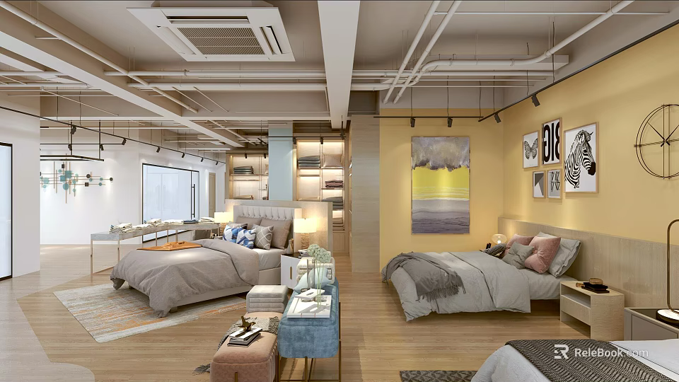 Modern Bedroom Furniture Store With Stylish Beds Decorative Paintings And Cozy Rugs 3d model 