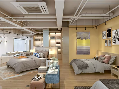 Modern Bedroom Furniture Store With Stylish Beds Decorative Paintings And Cozy Rugs 3d model