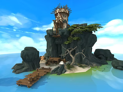 Cartoon Scene of Rocky Island With Wooden Tower Trees Cabin Wooden Dock And Water 3d model