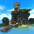 Cartoon Scene of Rocky Island With Wooden Tower Trees Cabin Wooden Dock And Water