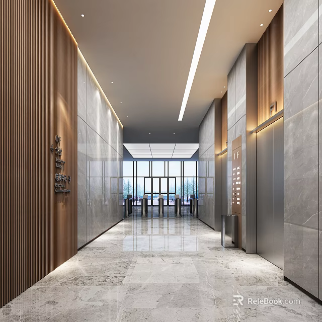 Modern Elevator Lobby Interior With Marble Floor Wooden Stone Walls And Linear Lighting 3d model 