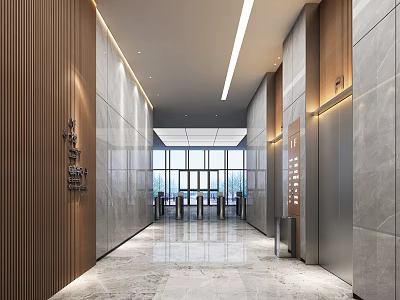 Modern Elevator Lobby Interior With Marble Floor Wooden Stone Walls And Linear Lighting 3d model