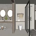 Bathroom Interior With Double Round Mirrors Double Sinks Glass Shower And Stone Wall