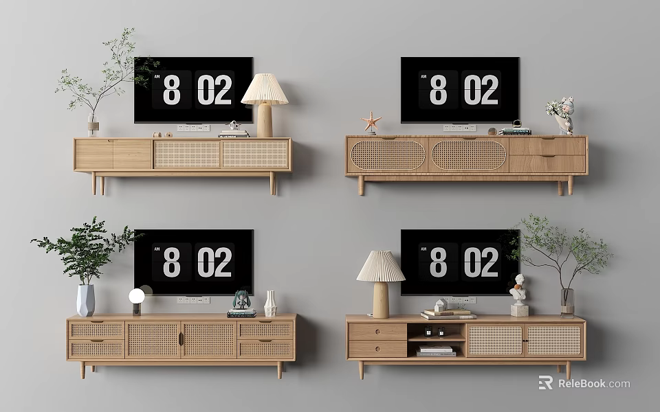 Modern Wooden TV Stand With TV Decorative Plants And Storage Shelves 3d model 