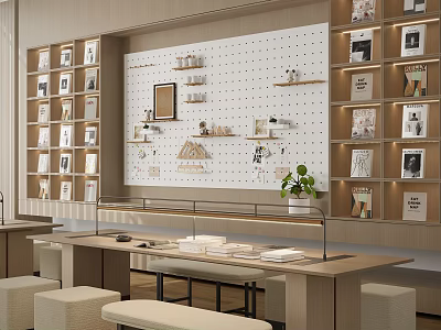 Modern Sales Office Interior With Display Wall Shelves Wooden Counter And Green Plants 3d model