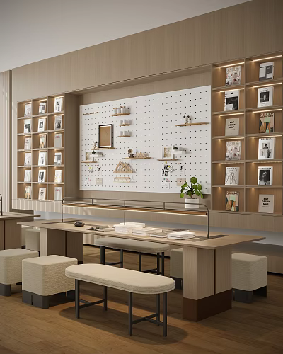 Modern Sales Office Interior With Display Wall Shelves Wooden Counter And Green Plants 3d model