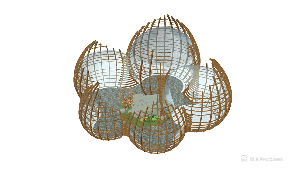 Unique Public Chair Design With Bamboo Frame Spherical Structure And Greenery 3d model 