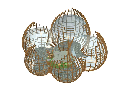 Unique Public Chair Design With Bamboo Frame Spherical Structure And Greenery 3d model