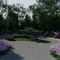 Park Landscape With Lush Trees Green Bushes Purple Flowers Stone Tombstones And Circular Pathway
