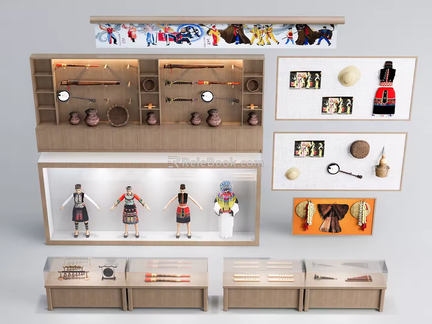 Folklore Booth Exhibition Rack Ethnic Customs Folklore Display Musical Instruments Ethnic Costumes 3d model