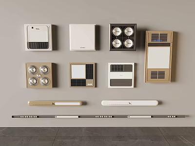 Modern Bathroom Accessories Featuring Various Designs Lighting Ventilation And Towel Racks 3d model