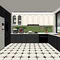 Modern Kitchen Interior With Black White Cabinets Green Backsplash Patterned Floor And Appliances 3d model