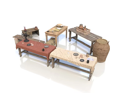 Vintage Rustic Wooden Dining Tables With Linen Tablecloths And Ceramic Jar Decorations 3d model