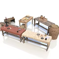 Vintage Rustic Wooden Dining Tables With Linen Tablecloths And Ceramic Jar Decorations