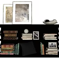 Black Open Bookcase With X Shaped Shelves Photo Frames Stacked Books Decorative Sphere And Throw Pillow