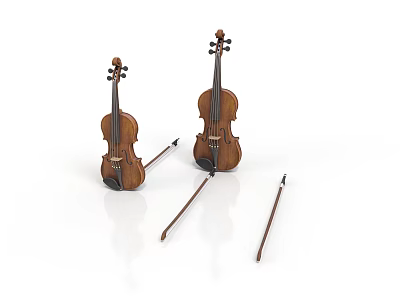 Two Wooden Violins With Matching Bows As Elegant Household Items 3d model