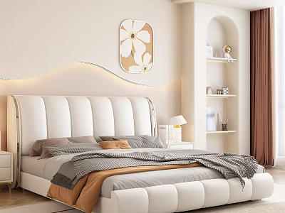 Modern Background Double Bed With White Headboard Cozy Bedding Decorative Art Nightstand Lamp Brown Curtains 3d model