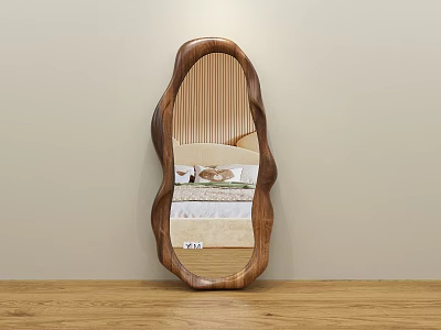 Unique Irregular Wooden Frame Mirror Reflecting Modern Bedroom Interior Design 3d model