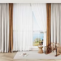 Modern White Sheer and Brown Curtains in Living Room with Sea View and Natural Light