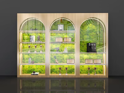 Elegant Modern Wooden Display Shelves with Arched Glass Doors and Interior Green Plant Decorations 3d model