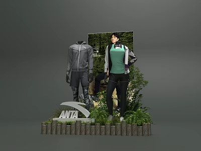 ANTA Sportswear Window Display With Two Mannequins Green Plants And Sport Outfits 3d model