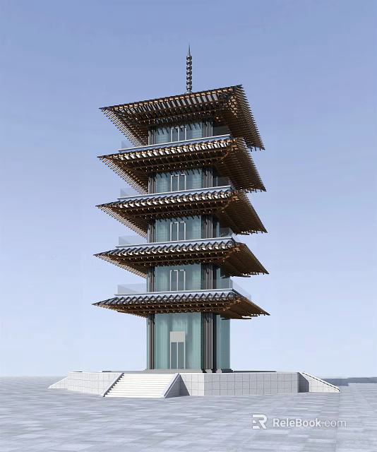Traditional Pagoda Style Tower With Multi Tiered Eaves And Glass Walls Against Clear Blue Sky 3d model 