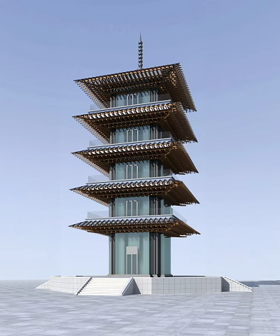 Traditional Pagoda Style Tower With Multi Tiered Eaves And Glass Walls Against Clear Blue Sky 3d model