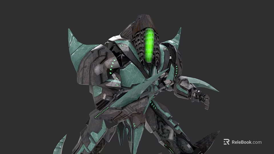 Futuristic Armored Game Movie Character With Green Glowing Core And Spiked Metal Design 3d model 
