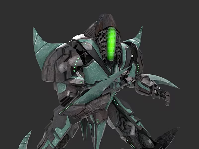 Futuristic Armored Game Movie Character With Green Glowing Core And Spiked Metal Design 3d model