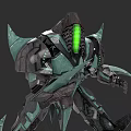 Futuristic Armored Game Movie Character With Green Glowing Core And Spiked Metal Design