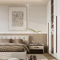 Modern Bedroom Interior With Upholstered Bed Abstract Wall Art Pendant Light And Green Plant