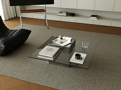 Modern Glass Coffee Table On Rug With Books Cup And Black Chair In Living Room 3d model