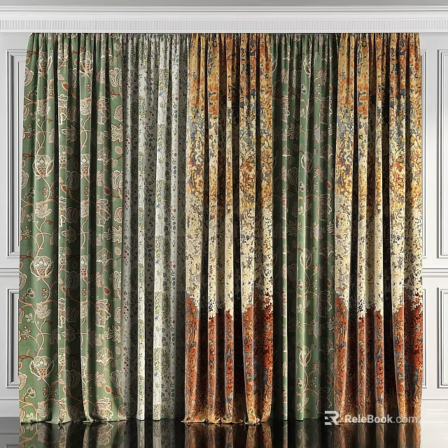 Stylish Floral Pattern Curtains in Green Beige and Brown Tones for Modern Home Interior Decoration 3d model 