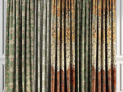 Stylish Floral Pattern Curtains in Green Beige and Brown Tones for Modern Home Interior Decoration 3d model