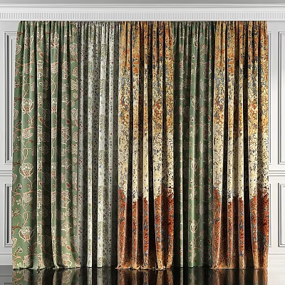 Stylish Floral Pattern Curtains in Green Beige and Brown Tones for Modern Home Interior Decoration 3d model