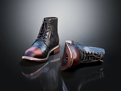 Lace up leather boots black and brown with detailed sole reflective surface on dark background 3d model
