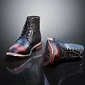 Lace up leather boots black and brown with detailed sole reflective surface on dark background