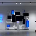 Modern Art Installation With Metal Frame Colorful Cubes And Neon Sign In Exhibition Space