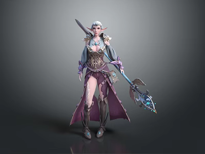 Elegant Female Elf Game And Movie Character With Purple Cloak Silver Spear And Jeweled Armor 3d model
