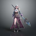 Elegant Female Elf Game And Movie Character With Purple Cloak Silver Spear And Jeweled Armor