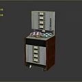 Vintage Industrial Storage Equipment With Wooden Base Drawers And Reels