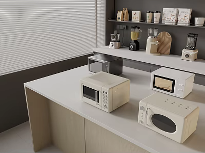 Modern Kitchen Interior With White Countertop Microwaves Appliances And Storage Jars On Shelves 3d model